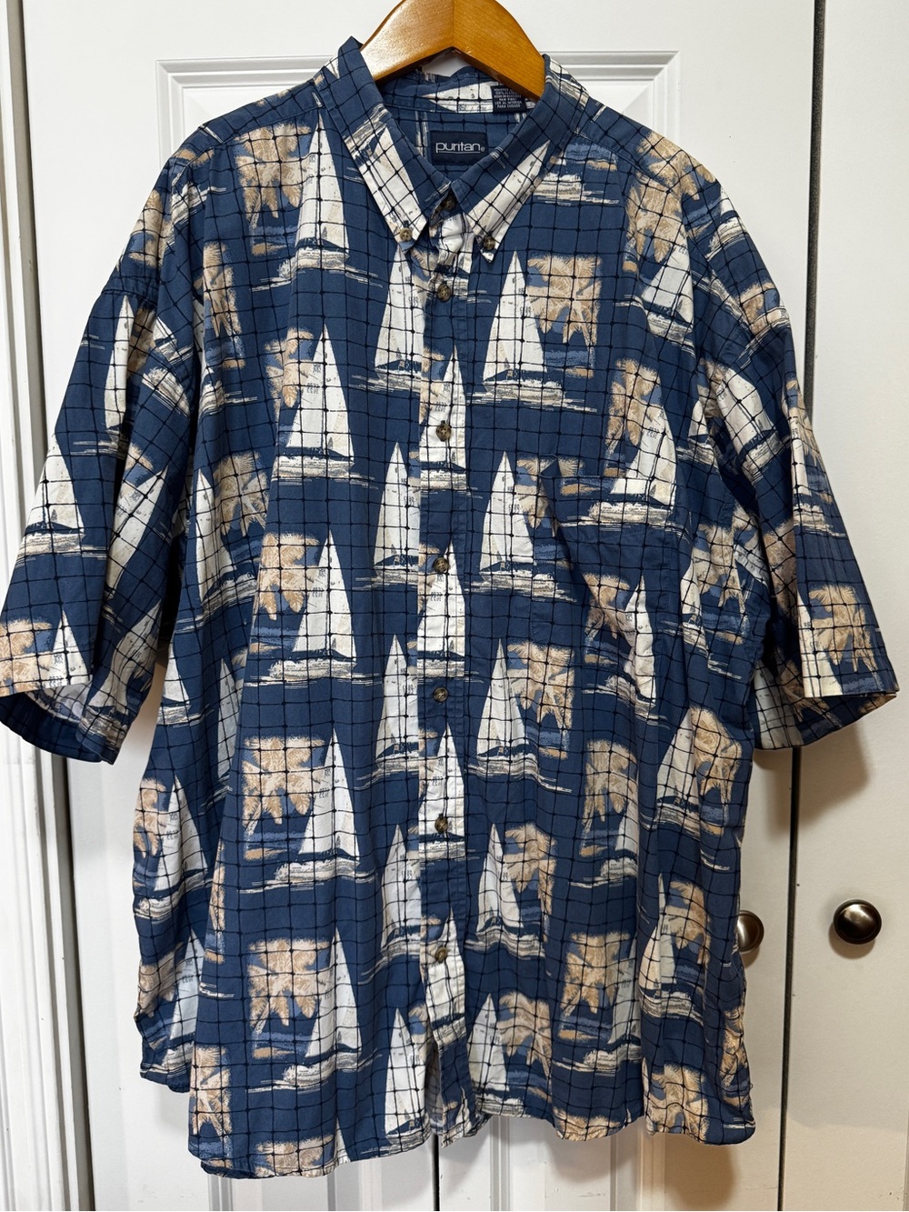 Puritan Men's 3XL Nautical Sailboat Palm Tree Cotton Button Down Shirt Navy